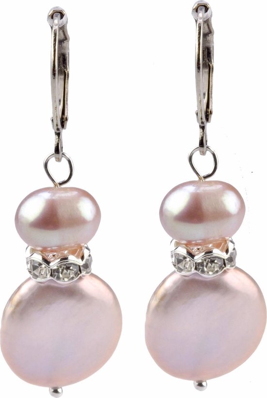 Zoetwater parel oorbellen Conny Bling Pink - oorhangers - echte parels - sterling zilver (925) - roze - stras steentjes