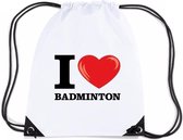 Nylon I love badminton/ honden rugzak/ sporttas wit met rijgkoord