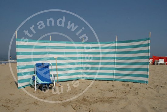 Strand Windscherm 5 meter dralon turquoise /wit met houten stokken