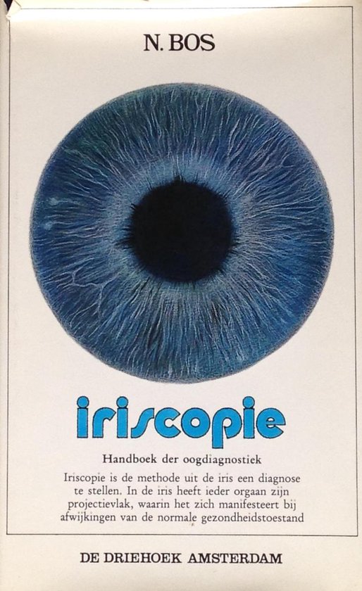 Cover van 'Iriscopie', een boek over oogdiagnostiek, met een grote blauwe iris op de voorgrond.