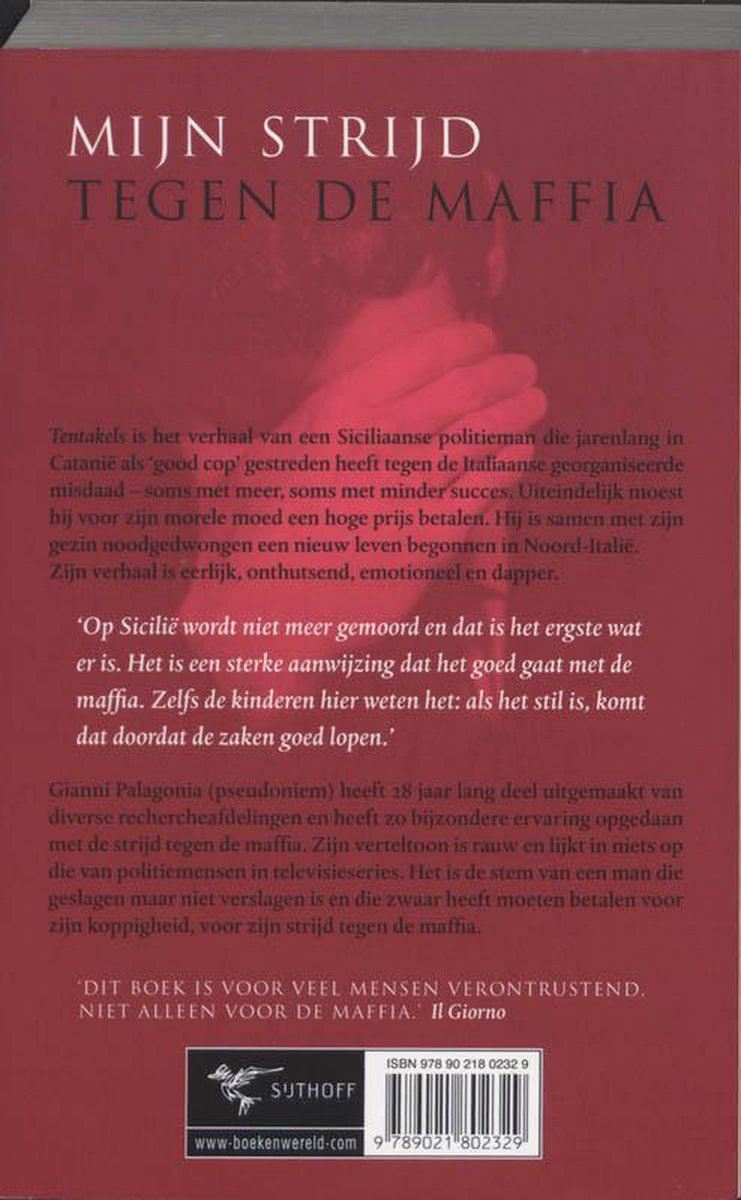 Boekomslag met rode tekst 'MIJN STRIJD TEGEN DE MAFFIA' en een blurb. Op de achtergrond, een hand bedekt gezicht.