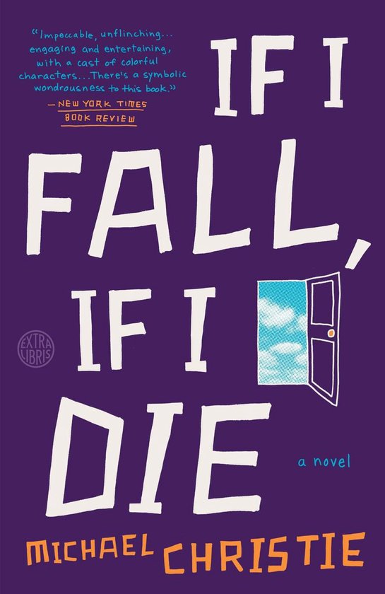 Boekomslag 'If I Fall, If I Die' van Michael Christie met witte tekst op paarse achtergrond en een open deur naar de lucht.
