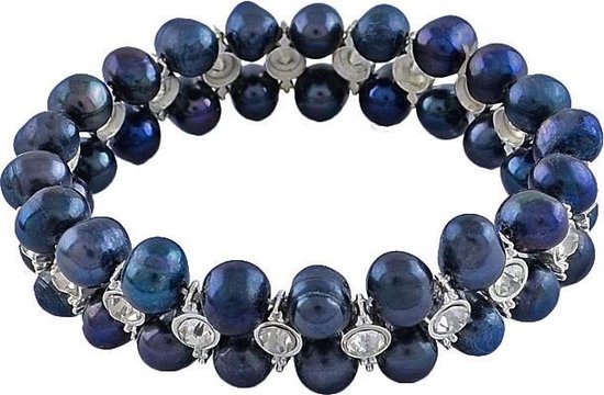 Zoetwater parel armband Double Perssian Blue Pearl Bling - echte parels - blauw - zilver - elastisch - stras steentjes