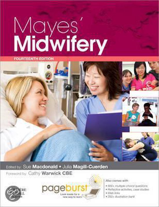 Boekomslag van 'Mayes' Midwifery', veertiende editie, met een verloskundige die glimlacht naar een zwangere vrouw in een ziekenhuisbed.