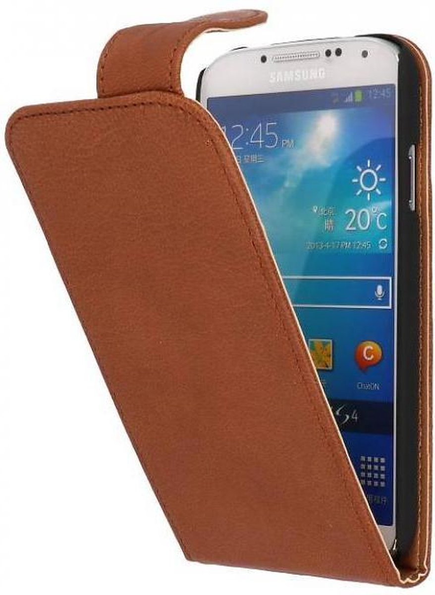 Washed Leer Classic Flipcase Hoesje - Geschikt voor Samsung Galaxy S4 i9500 Bruin