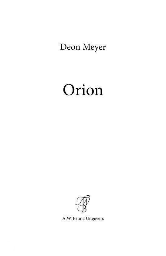Titelpagina met 'Deon Meyer' en 'Orion', met een logo en uitgever.