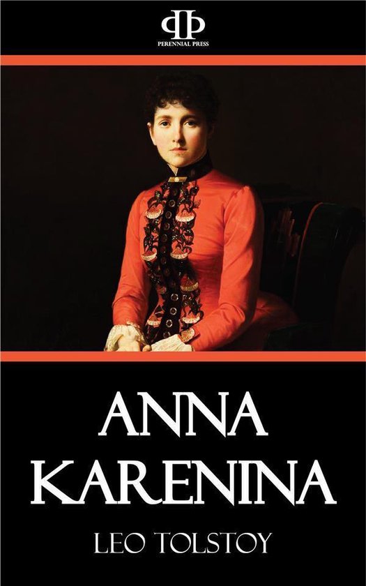 Boekomslag van Anna Karenina door Leo Tolstoy, met een schilderij van een vrouw in een rode jurk.