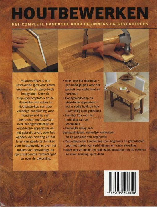 Livre "Travail du bois" - Le manuel complet pour débutants et avancés, avec des images de techniques de travail du bois, d'outils et de meubles.
