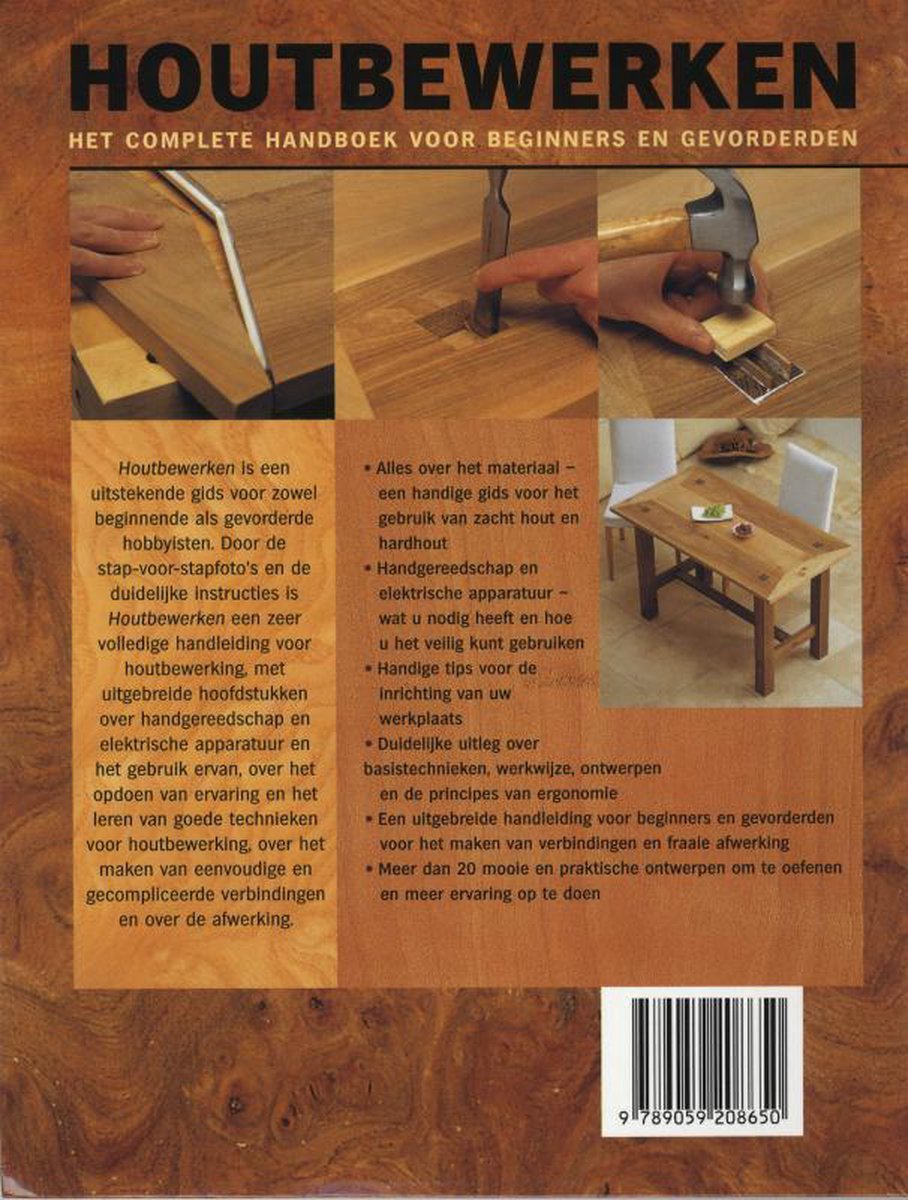 Livre "Travail du bois" - Le manuel complet pour débutants et avancés, avec des images de techniques de travail du bois, d'outils et de meubles.