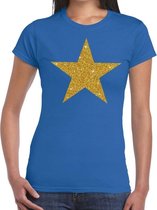 Gouden ster glitter t-shirt blauw dames - dames shirt Gouden ster M