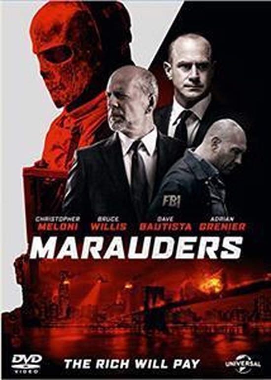 Poster van de film "Marauders" met Bruce Willis, Dave Bautista en Christopher Meloni. Een stad bij nacht is te zien met explosies.