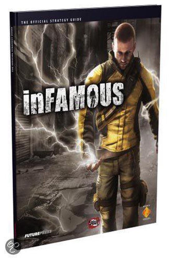 Officiële strategie gids voor Infamous met een man in een gele jas en een tas.