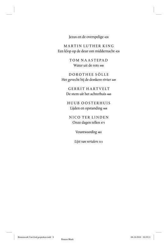 Tekstpagina met namen en hoofdstuktitels, waaronder 'Martin Luther King' en 'Tom Naastepad'.