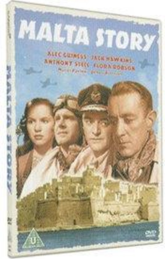 DVD-hoes 'Malta Story' met vier close-up portretten van acteurs en een fort, met vliegtuigen en de tekst 'Malta Story'.