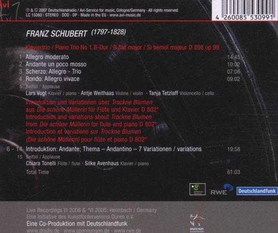 Achterkant albumhoes: FRANZ SCHUBERT (1797-1828) Klaviervirtuoos/Piano Trio No 1 B-Dur / Si bémol majeur D 898 op 99. Tracklist en uitvoerders.