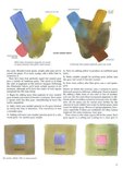Drie kleurexperimenten met aquarel: cobaltblauw, aurorinegeel, ceruleumblauw, madderrozijn, indienerood.