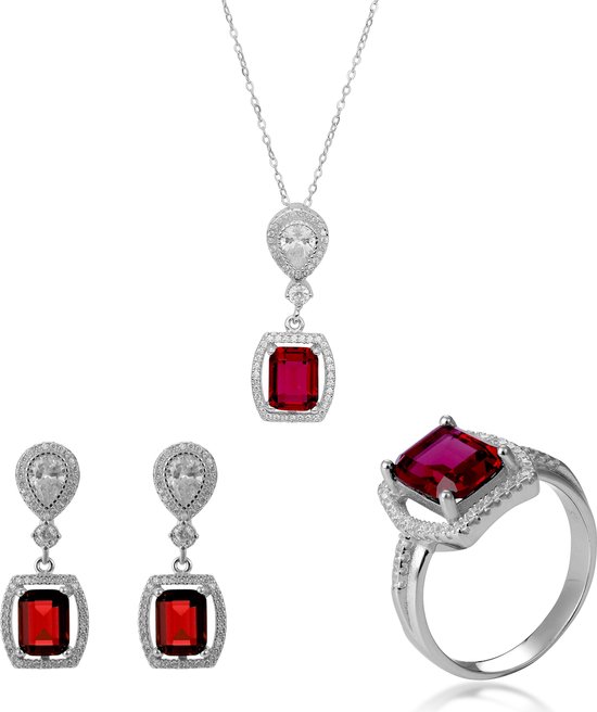 Orphelia SET-7426 / RU / 52 - Ensemble de bijoux: Collier + Boucles d'oreilles + Bague - Argent 925 - Rubis Zircone - Taille de bague 52