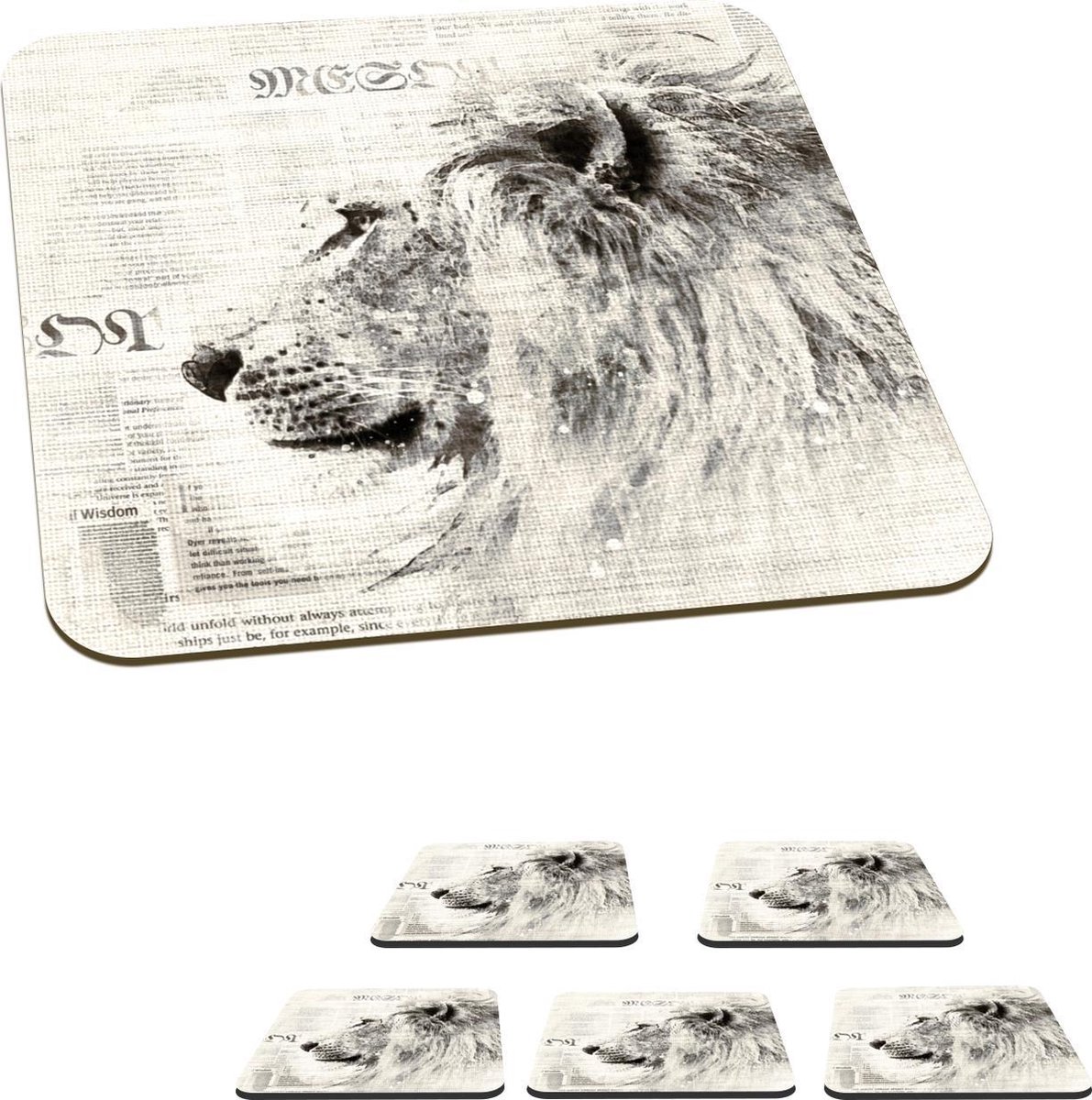 Onderzetters voor glazen - Leeuw - Krant - Zwart - Wit - 10x10 cm - Glasonderzetters - 6 stuks