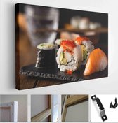 Glass of fresh and delicious maki and nigiri sushi and sake - Modern Art Canvas - Horizontal - 394084948 - 115*75 Horizontal