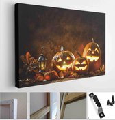 Itsallcanvas - Schilderij - Halloween Pumpkin Head Jack Lantern With Burning Candles Art Horizontal Horizontal - Multicolor - 30 X 40 Cm