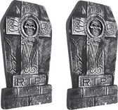 Set van 2x stuks horror kerkhof decoratie grafsteen RIP met kruis en schedel 50 x 27 cm - Halloween feestdecoratie en versiering