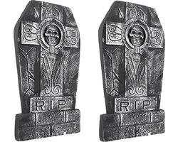 Boland Grafsteen schedel - Set van 2x stuks - 50 x 27 cm - polystyreen - RIP - halloween - horror - kerkhof