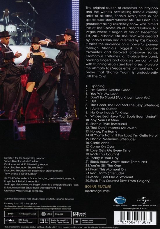 DVD hoes met live-uitvoering van Shania Twain en haar band voor publiek. Tracklist en credits op de achterkant.