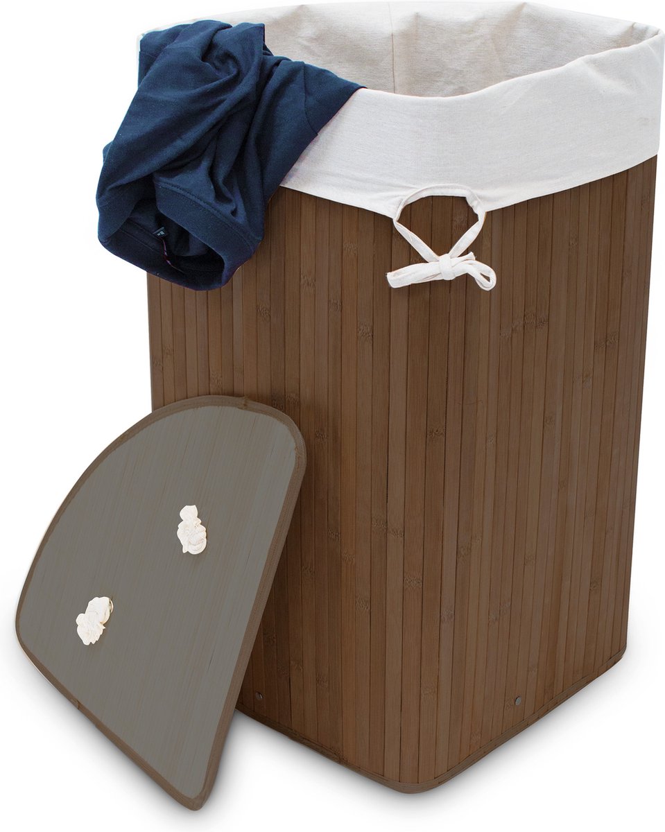 wasmand driehoek - 60 l - opvouwbaar - ruimtebesparend - met katoenen waszak - bruin