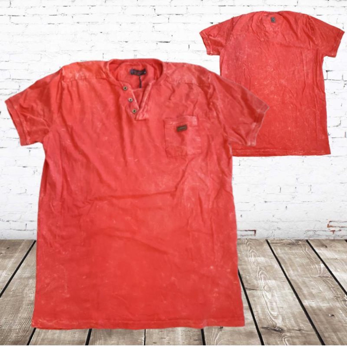 Heren shirt denim oranje -Violento-XL-t-shirts heren