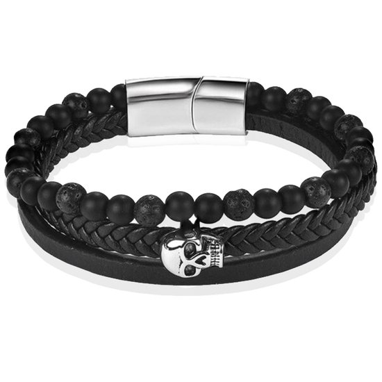 Bracelet homme Memphis Agate Skull Cuir Tressé Zwart-20,5cm