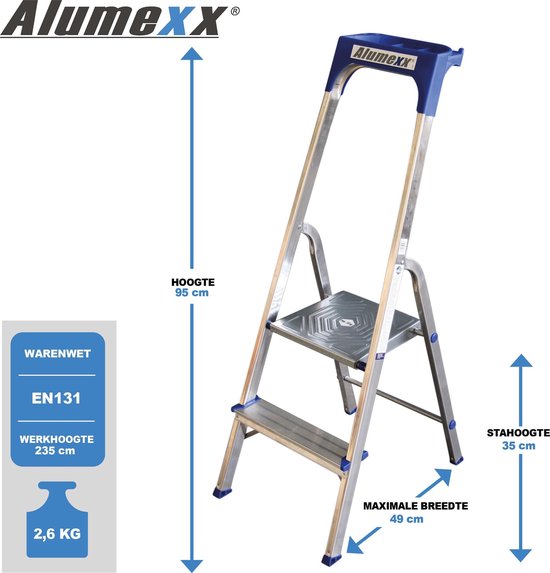 Alumexx huishoudtrap met twee treden, 95 cm hoog, met de tekst 'Hoogte 95 cm' en 'Werkhoogte 235 cm'.