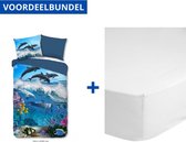 Dekbedovertrek voor Kinderen - Eenpersoons - 140x200/220cm - Inclusief 1 Kussensloop - 100% Versterkt Katoen - Dolfijnen + Zachte Katoenen Hoeslaken - 100x200cm - Wit