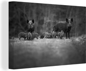 Canvas schilderij 150x100 cm - Wanddecoratie Twee everzwijnen met jongen - zwart wit - Muurdecoratie woonkamer - Slaapkamer decoratie - Kamer accessoires - Schilderijen
