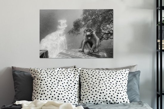 Tableau sur toile Singe qui crie devant la cascade - noir et blanc - 90x60 cm - Art Décoration murale