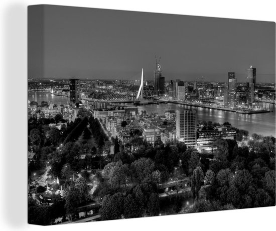 Canvas Schilderij Uitzicht vanaf de Rotterdamse Euromast - zwart wit - 120x80 cm - Wanddecoratie