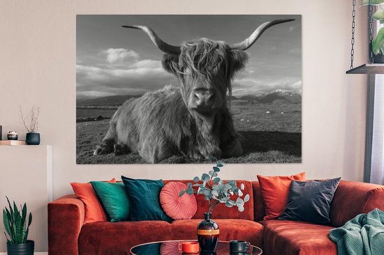 Peinture sur toile Highlander écossais - noir et blanc - 150x100 cm - Décoration murale