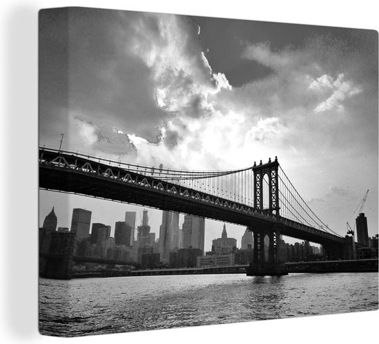 Canvas - Brooklyn Bridge - Zonnestralen - Skyline - Amerika - Rivier - Schilderijen op canvas - 80x60 cm - Kamer decoratie - Schilderij