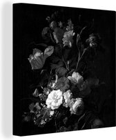 Tableau sur toile Vase avec fleurs - Tableau de Rachel Ruysch - noir et blanc - 90x90 cm - Décoration murale