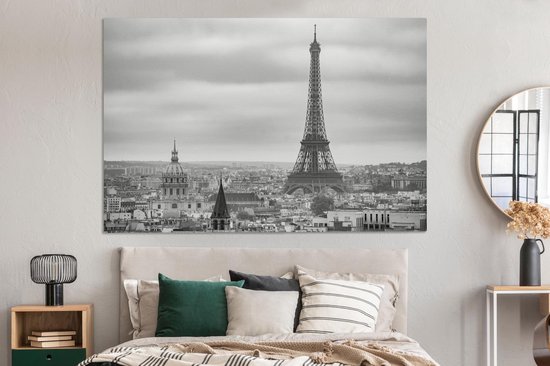 Peinture sur toile Vue aérienne de la Tour Eiffel à Paris - noir et blanc - 180x120 cm - Décoration murale XXL