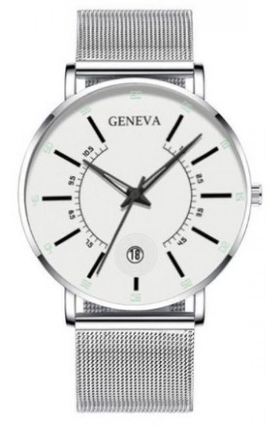 Hidzo Horloge Geneva - Met Datumaanduiding - Ø 40 mm - Zilver/Wit - Staal