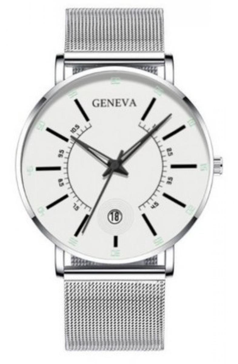 Hidzo Horloge Geneva - Met Datumaanduiding - Ø 40 mm - Zilver-Wit - Staal