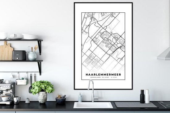 Cadre photo avec affiche - Carte - Haarlemmermeer - Zwart - Wit - 80x120 cm - Cadre pour affiche
