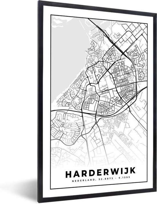 Fotolijst incl. Poster - Kaart - Harderwijk - Zwart - Wit - 20x30 cm - Posterlijst