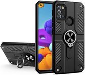 Voor Samsung Galaxy A21s koolstofvezelpatroon pc + TPU-beschermhoes met ringhouder (zwart)