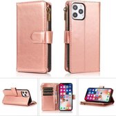 Multifunctionele Crazy Horse Textuur Horizontale Flip Leren Case met 9 Kaartsleuf & Houder & Rits Portemonnee & Lanyard Voor iPhone 13 Pro Max (Rose Gold)