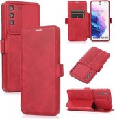 Duwvenster dubbele gesp PU + siliconen horizontale flip lederen tas met houder en kaartsleuf voor Samsung Galaxy S21 5G (rood)
