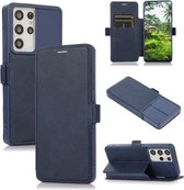 Duwvenster dubbele gesp PU + siliconen horizontale flip lederen tas met houder en kaartsleuf voor Samsung Galaxy S21 Ultra 5G (blauw)