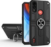 Voor Motorola Moto E7 Power Koolstofvezelpatroon PC + TPU-beschermhoes met ringhouder (zwart)