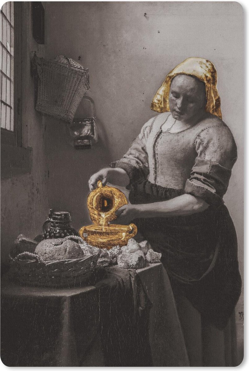 Muismat - Mousepad - Het melkmeisje - Johannes Vermeer - Goud - 40x60 cm - Muismatten