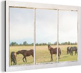 Wanddecoratie Metaal - Aluminium Schilderij Industrieel - Doorkijk - Paarden - Dieren - 120x80 cm - Dibond - Foto op aluminium - Industriële muurdecoratie - Voor de woonkamer/slaapkamer